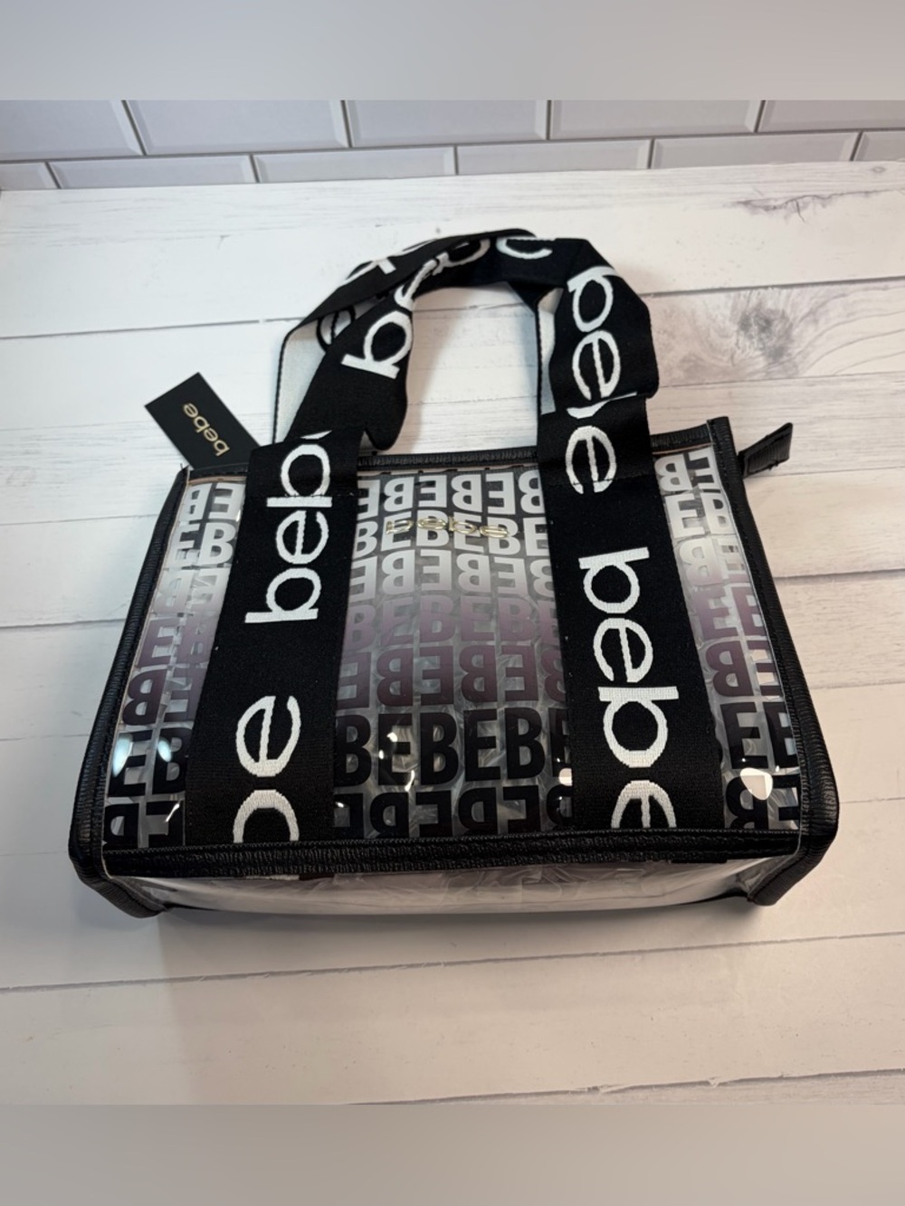 Bebe Black Clear Logo Tote with Black Pouch women satchel - Picture 8 of 9